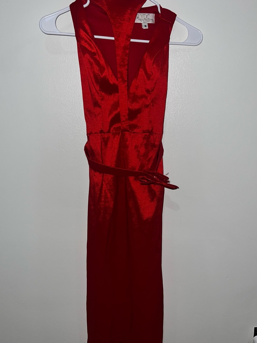 DC Red Satin V-Neck Midi Dress with Waist Tie